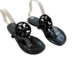 TORY BURCH Black Patent Leather Miller Classic Designer Logo Sandals Size 9.5